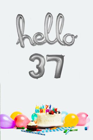 37 Yaş Doğum Günü Balonları - Hello 37 El Yazısı Gümüş Renk Folyo Balon