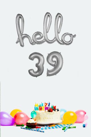 39 Yaş Doğum Günü Balonları - Hello 39 El Yazısı Gümüş Renk Folyo Balon