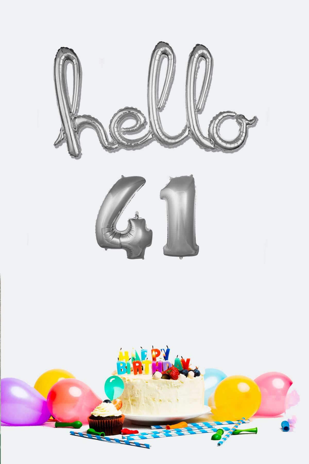 41 Yaş Doğum Günü Balonları - Hello 41 El Yazısı Gümüş Renk Folyo Balon