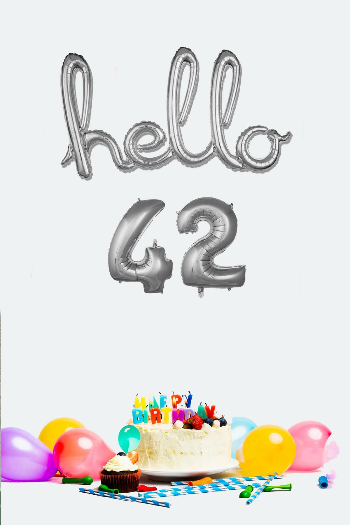 42 Yaş Doğum Günü Balonları - Hello 42 El Yazısı Gümüş Renk Folyo Balon