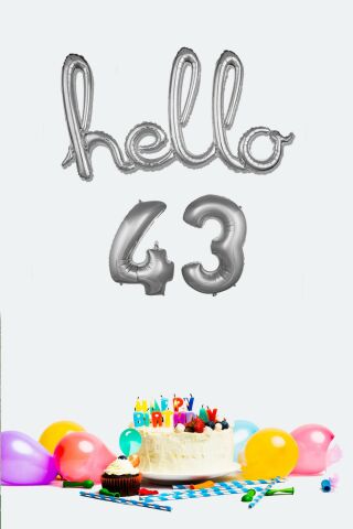 43 Yaş Doğum Günü Balonları - Hello 43 El Yazısı Gümüş Renk Folyo Balon