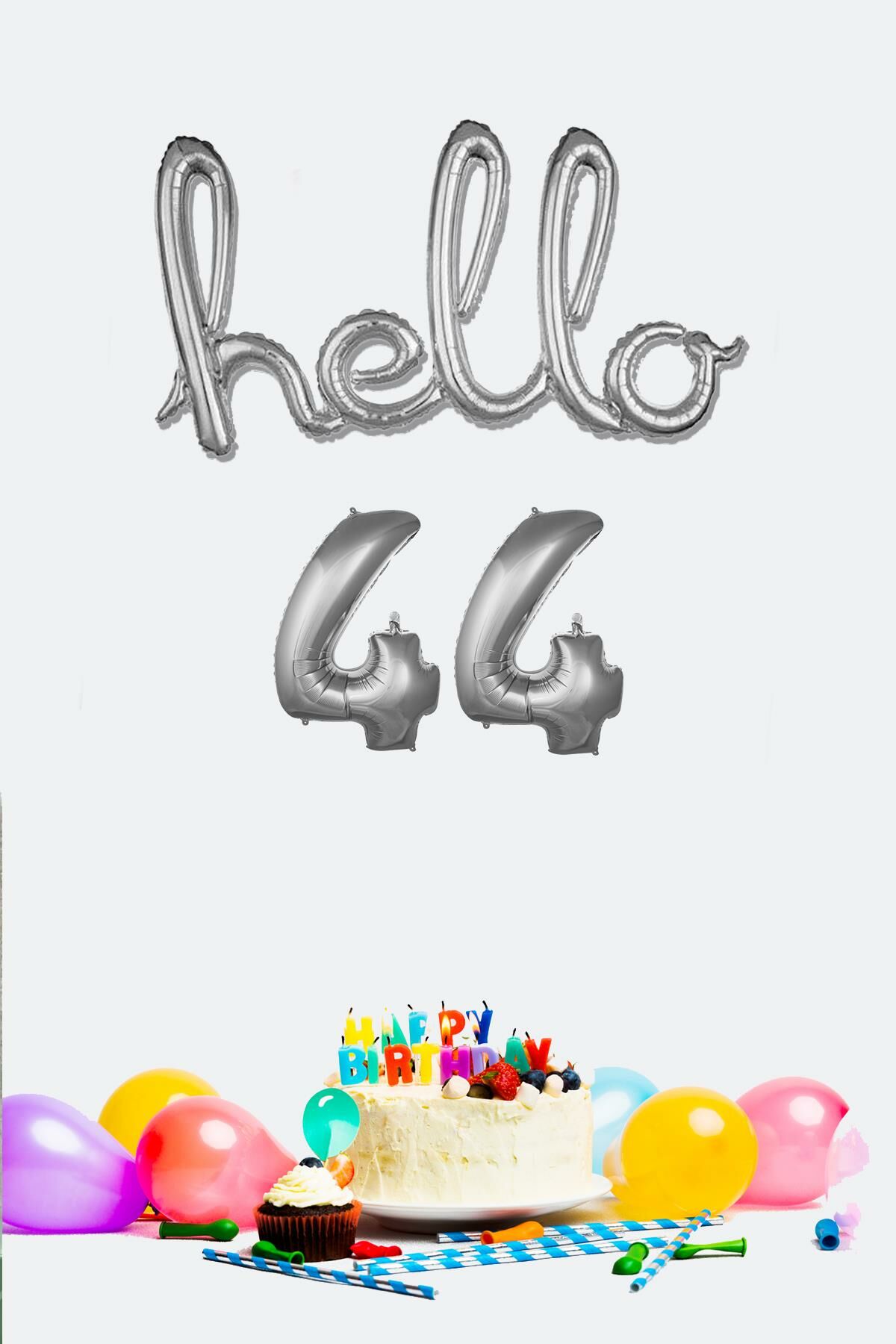 44 Yaş Doğum Günü Balonları - Hello 44 El Yazısı Gümüş Renk Folyo Balon