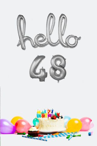 48 Yaş Doğum Günü Balonları - Hello 48 El Yazısı Gümüş Renk Folyo Balon