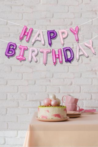 Pembe Mor Happy Birthday Harf Balonlar Doğum Günü Balon Seti