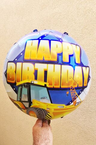 Yuvarlak İnşaat Temalı Folyo Balon Happy Birthday Yazılı İnşaat Konsept Doğum Günü Balonu 45cm