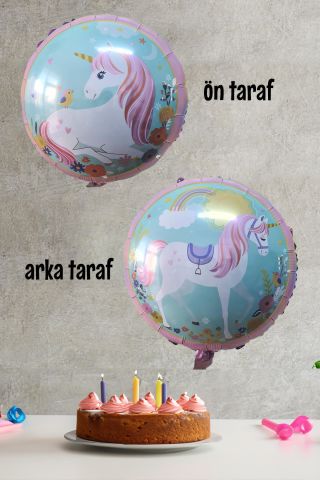 Yuvarlak Unicorn Temalı Folyo Balon Çift Taraflı Unicorn Konsept Balon 45cm