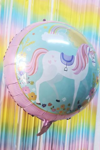 Yuvarlak Unicorn Temalı Folyo Balon Çift Taraflı Unicorn Konsept Balon 45cm