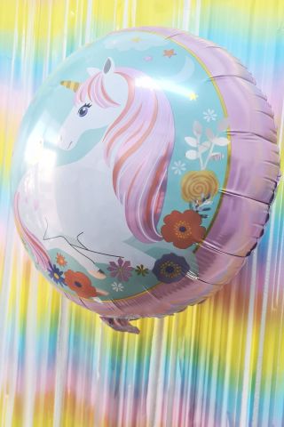 Yuvarlak Unicorn Temalı Folyo Balon Çift Taraflı Unicorn Konsept Balon 45cm