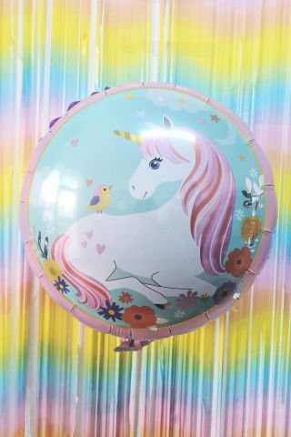 Yuvarlak Unicorn Temalı Folyo Balon Çift Taraflı Unicorn Konsept Balon 45cm