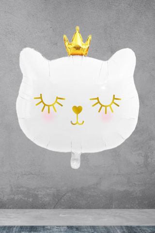 Beyaz Kedi Gold Taçlı Folyo Balon