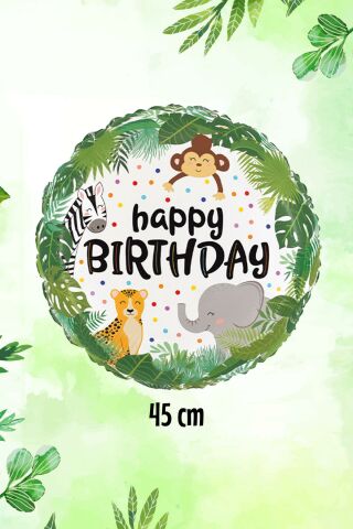 Yuvarlak Wild Safari Temalı Folyo Balon Happy Birthday Yazılı Safari Konsept Doğum Günü Balonu 45cm