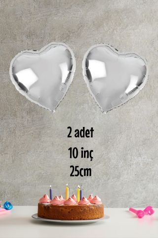 Kalp Şekilli Gümüş Folyo Balon 10 inc 25 cm 2 Adet