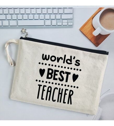 Worlds Best Teacher Mottolu Öğretmenler Günü Hediyesi Astarlı Clutch Çanta