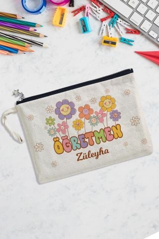 İsme Özel Baskılı Öğretmenler Günü Hediyesi Çiçek Desenli Astarlı Lüks Clutch Çanta