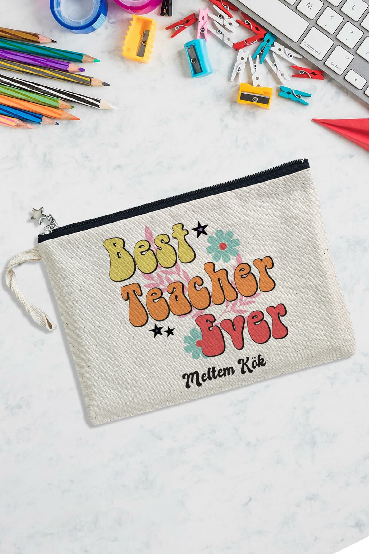 Best Teacher İsme Özel Baskılı Öğretmenler Günü Hediyesi Astarlı Lüks Clutch Çanta