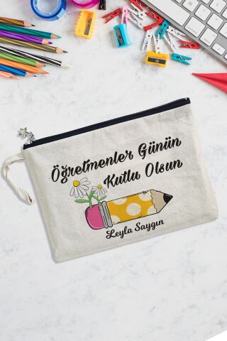 İsme Özel Öğretmenler Günü Hediyesi Astarlı Clutch Çanta Papatyalı