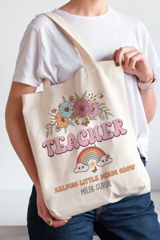 İsme Özel Baskılı Bez Çanta Öğretmenler Günü Hediyesi Çiçekli Teacher