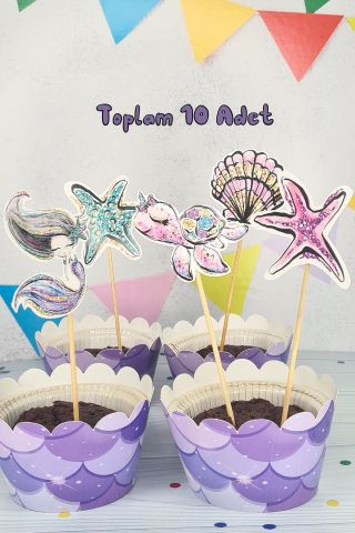 Deniz Kızı Konsept Kürdan Süsleri Cupcake Süsleri Lüks Büyük Boy 10lu Paket