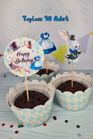 Alice in Wonderland Konsept Kürdan Süsleri Cupcake Süsleri Lüks Büyük Boy 10lu Paket