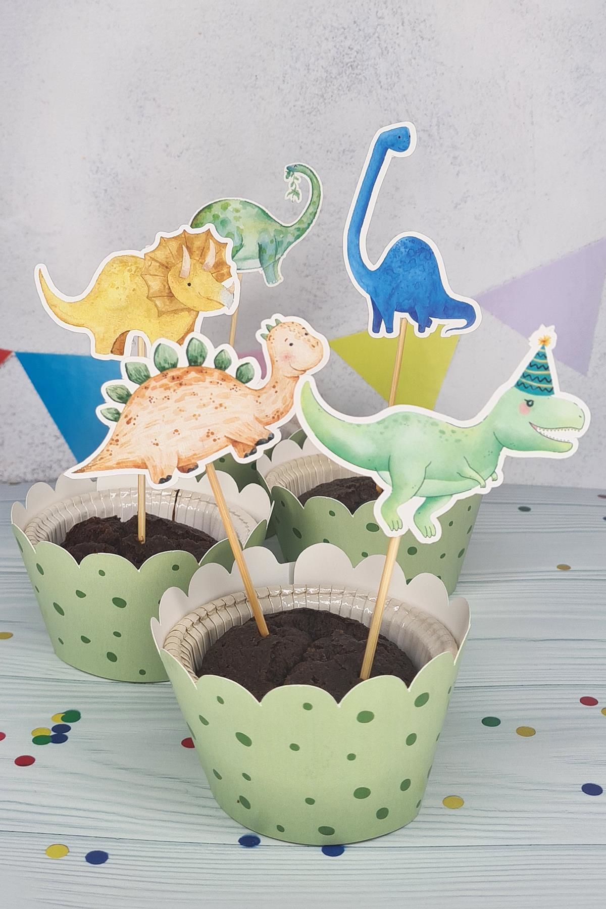 Dinozor Konsept Kürdan Süsleri Cupcake Süsleri Lüks Büyük Boy 10lu Paket