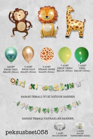 Safari Doğum Günü Folyo Balonlu Parti Paketi Yeşil Gold Safari Balon Zinciri