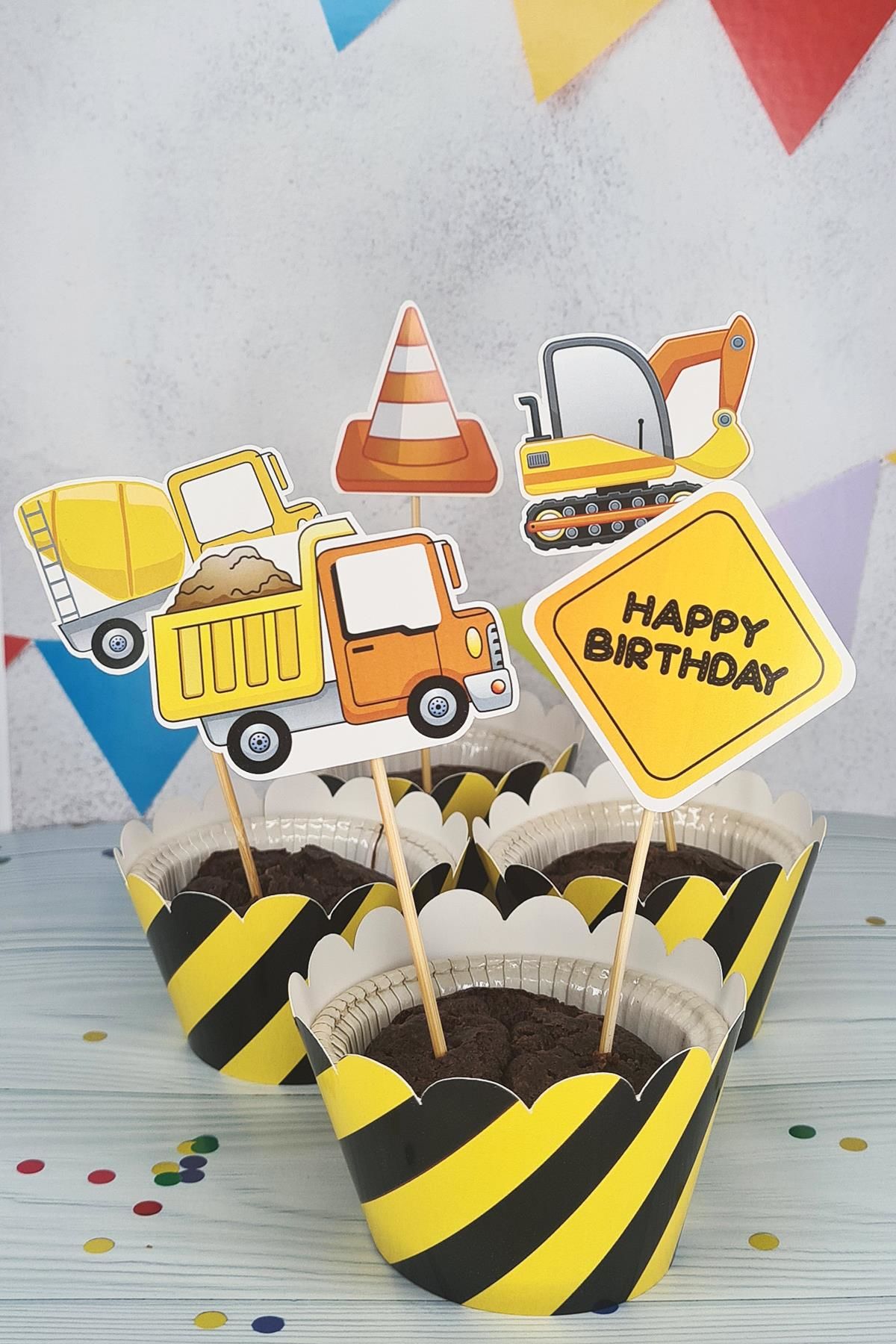 İnşaat Konsept Kürdan Süsleri Cupcake Süsleri Lüks Büyük Boy 10lu Paket