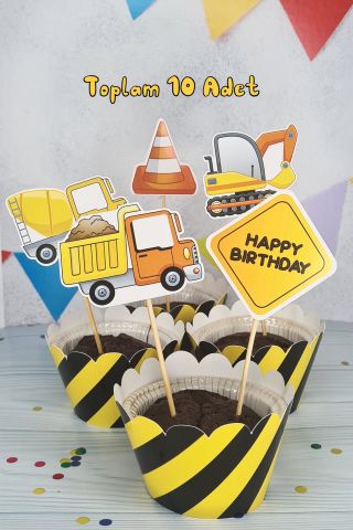 İnşaat Konsept Kürdan Süsleri Cupcake Süsleri Lüks Büyük Boy 10lu Paket