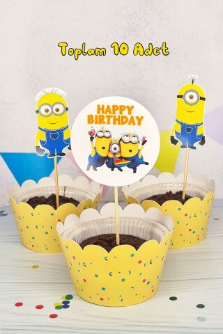 Minions Konsept Kürdan Süsleri Cupcake Süsleri Lüks Büyük Boy 10lu Paket