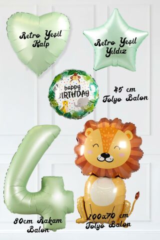 Safari Tema Doğum Günü Yaş Balonlu Retro Yeşil Safari Balonları Sevimli Aslan Balonlu Set