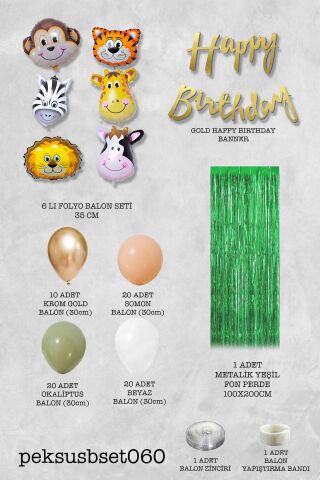 Safari Tema Doğum Günü Hayvan Balonları Yeşil Perdeli Balon Zinciri Doğum Günü Süsleri Seti