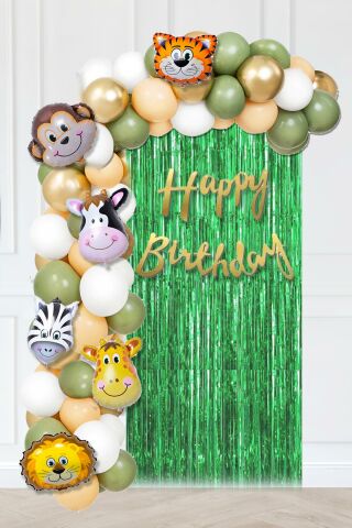 Safari Tema Doğum Günü Hayvan Balonları Yeşil Perdeli Balon Zinciri Doğum Günü Süsleri Seti