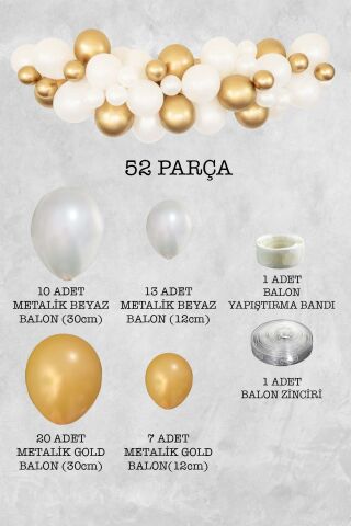 İnci Tanesi Konsept Gold Beyaz Balon Zinciri 52 Parça