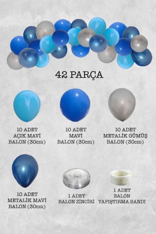 Metalik Mavi Gümüş Balon Zinciri 42 Parça