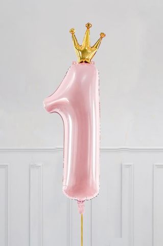 Taçlı 1 Rakam Folyo Balon 1 Yaş Balonu Gold Taçlı PEMBE 90cm