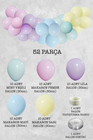 Makaron Gökkuşağı Konsept Balon Zinciri Unicorn Temalı Parti Balon Seti 52 Parça