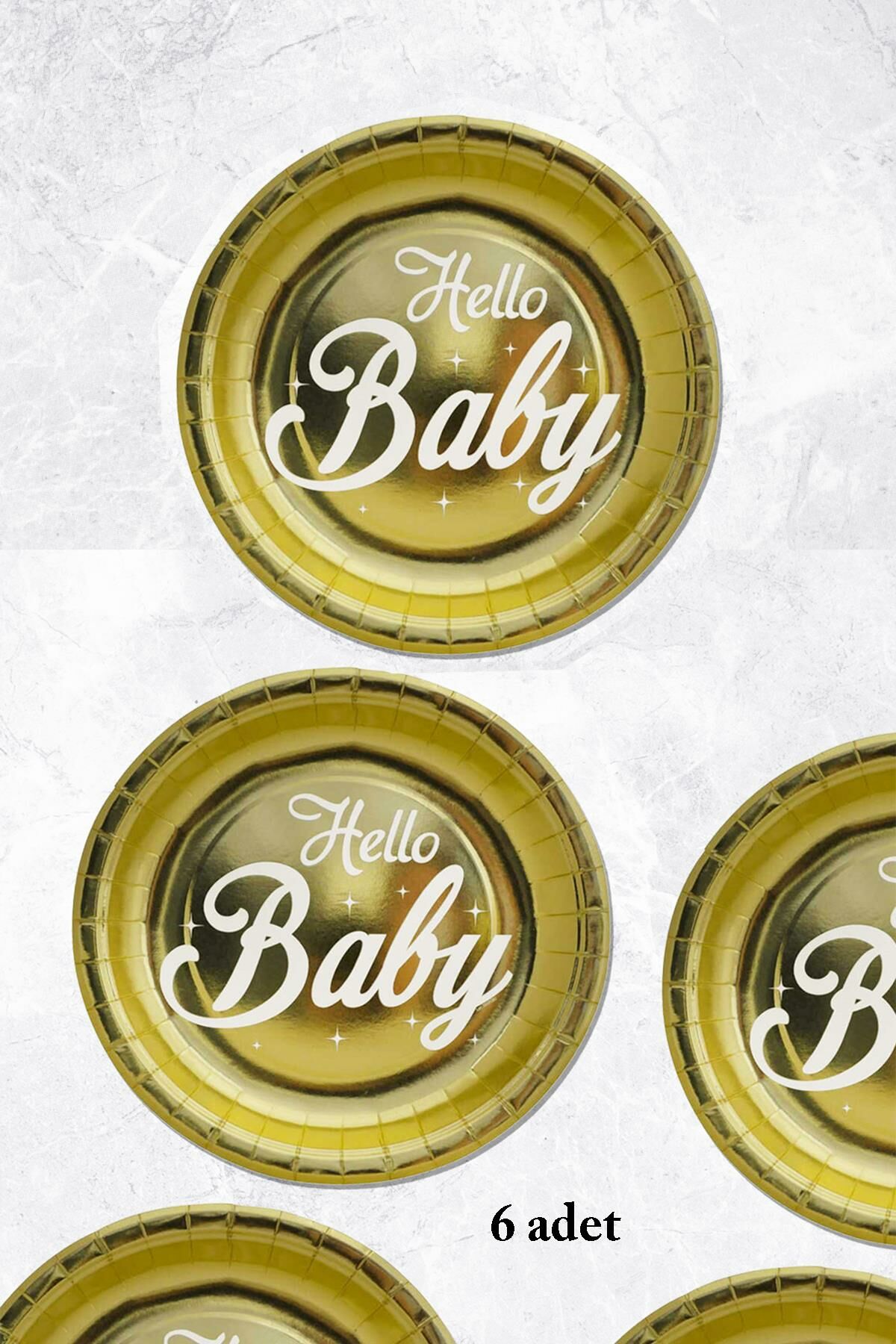 Hello Baby Yazılı Altın Varaklı Metalize Tabak Baby Shower Doğum Odası Tabağı 6lı Paket