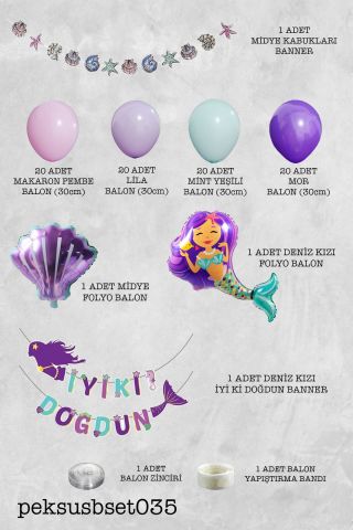 Deniz Kızı Tema Doğum Günü Parti Süsleri Paketi Balon Zinciri Yapım Seti