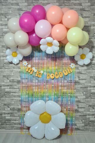 Papatya Tema Doğum Günü Parti Paketi Fon Perdeli Bannerlı Lüks Balon Seti 33 Parça