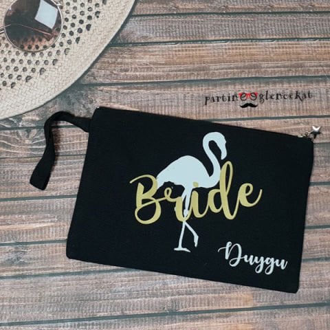 Gold-Beyaz Flamingo Baskılı Sİyah Clutch Makyaj Çantası