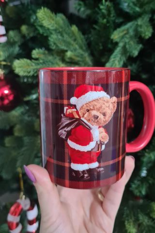 Teddy Bear Noel Baba Tasarım Yılbaşı Desenli Kırmızı Kupa Bardak