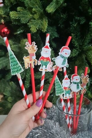 Noel Baba Kardan Adam Süslü Yılbaşı Pipetleri 12li Paket