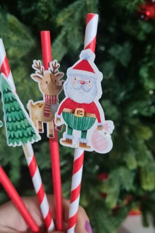 Noel Baba Kardan Adam Süslü Yılbaşı Pipetleri 12li Paket