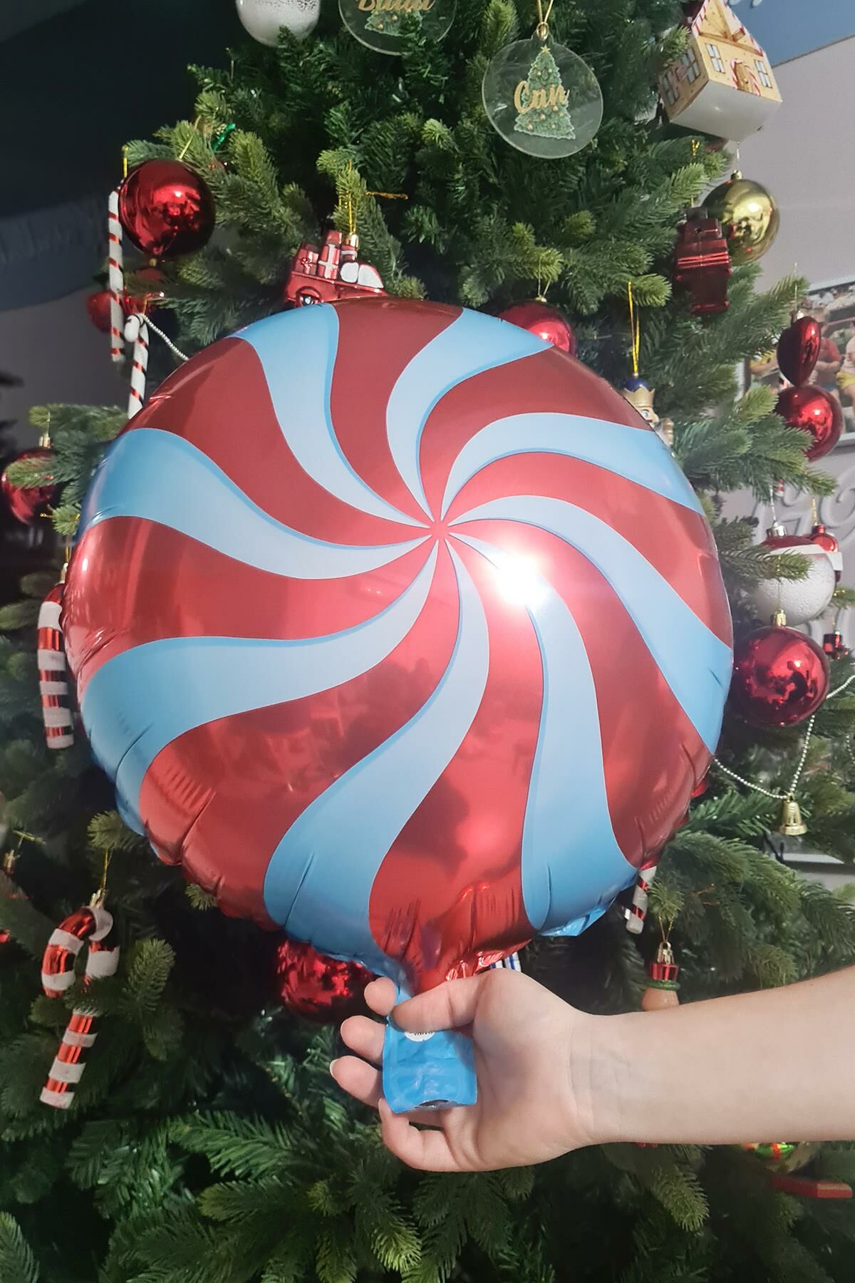 Kırmızı Şeker Balon Yuvarlak Yılbaşı Folyo Balon 45cm