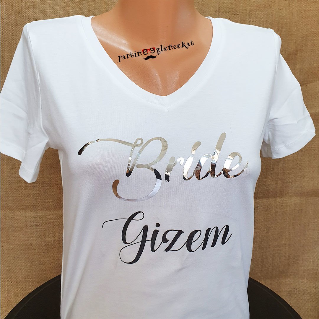 Silver Varaklı Bride Baskılı Beyaz İsme Özel Tshirt