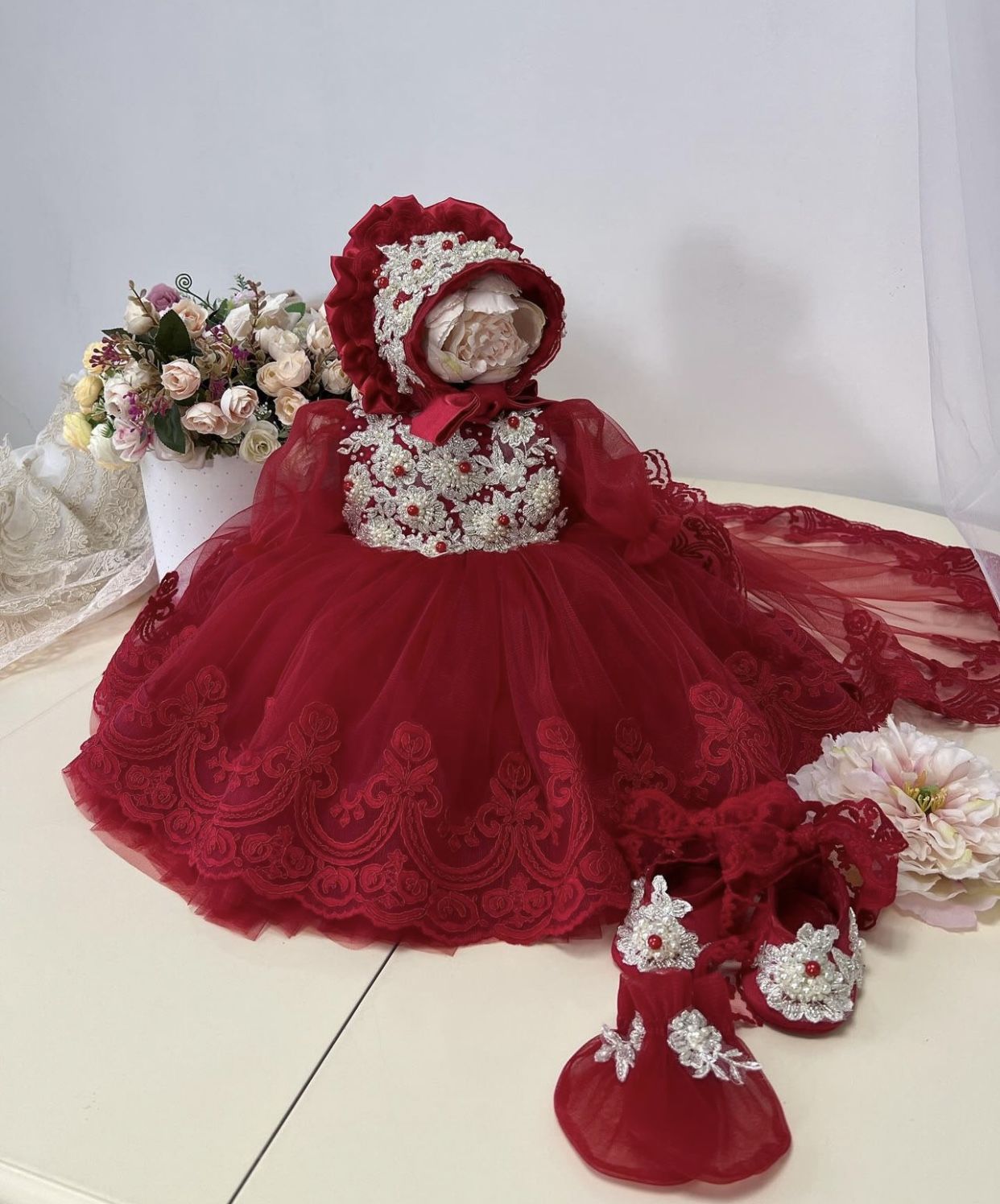 Red Holiday Dress Bonnet And Shoed