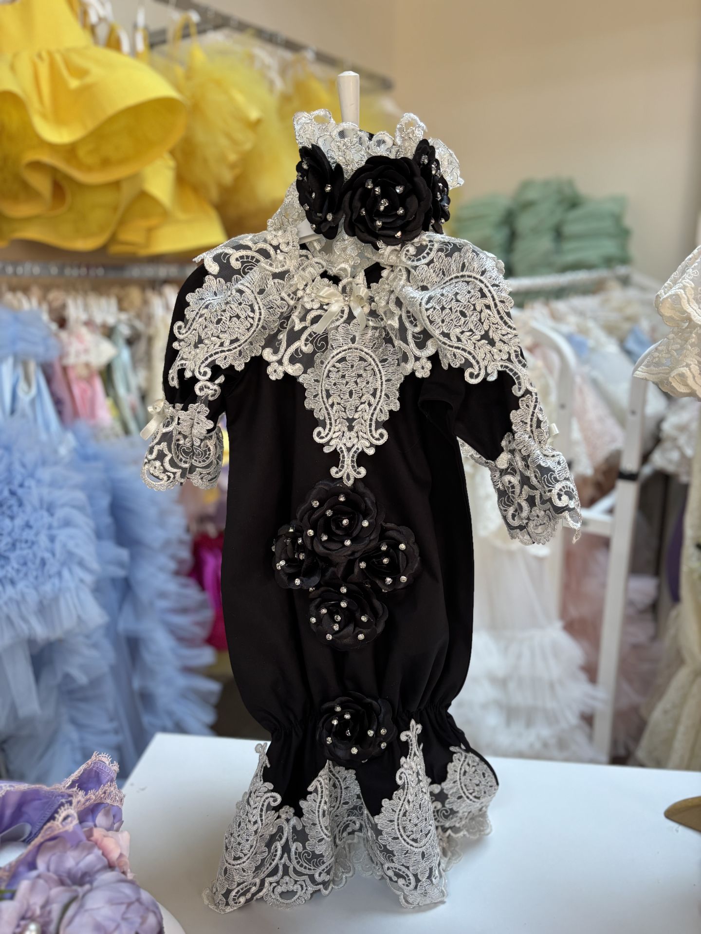 Black Flowers Baby Gown And HairBand