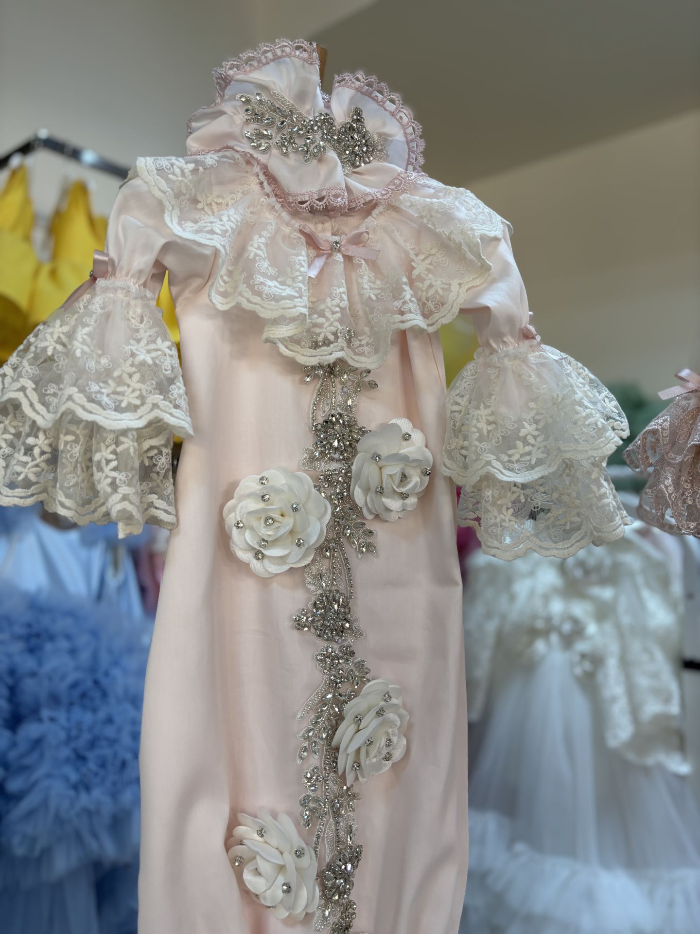 Cream Rhinestone Gown And Bonnet