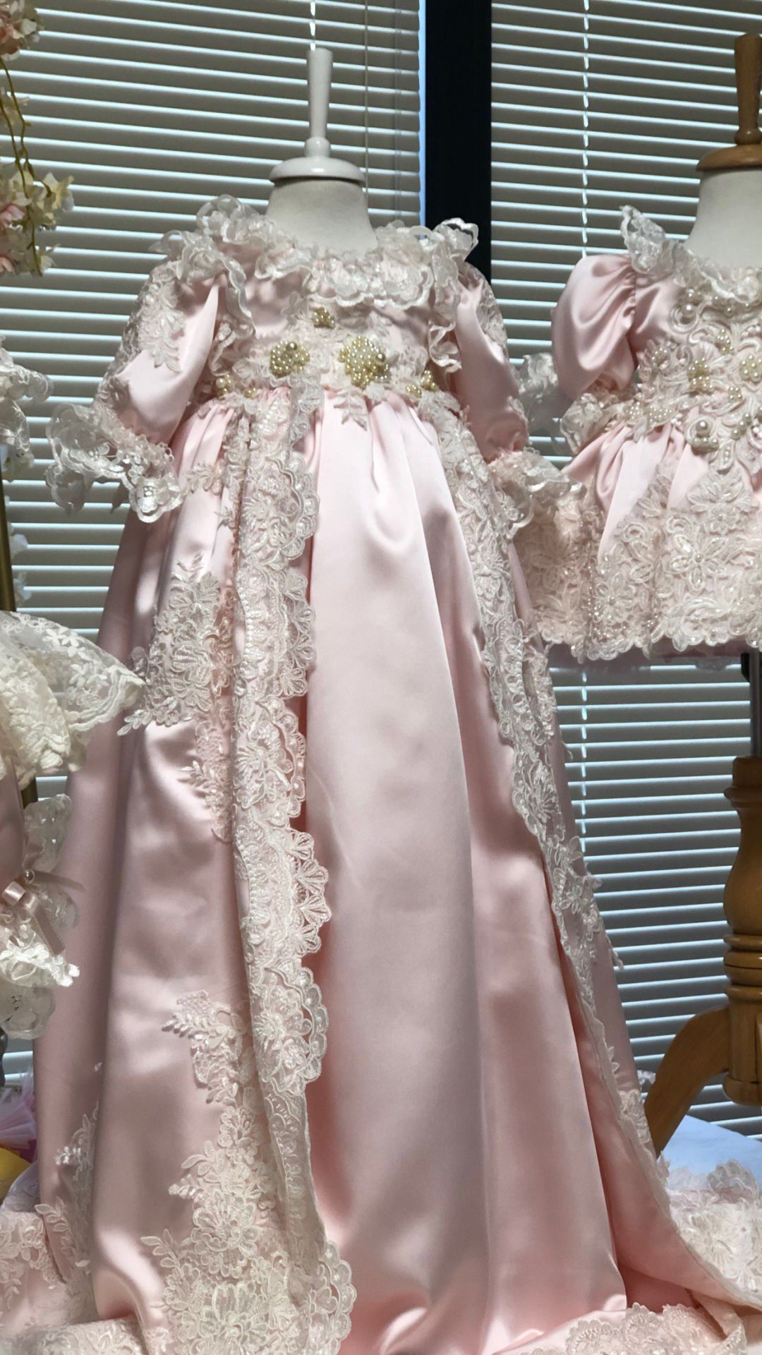 Pink pearl Gown And Bonnet