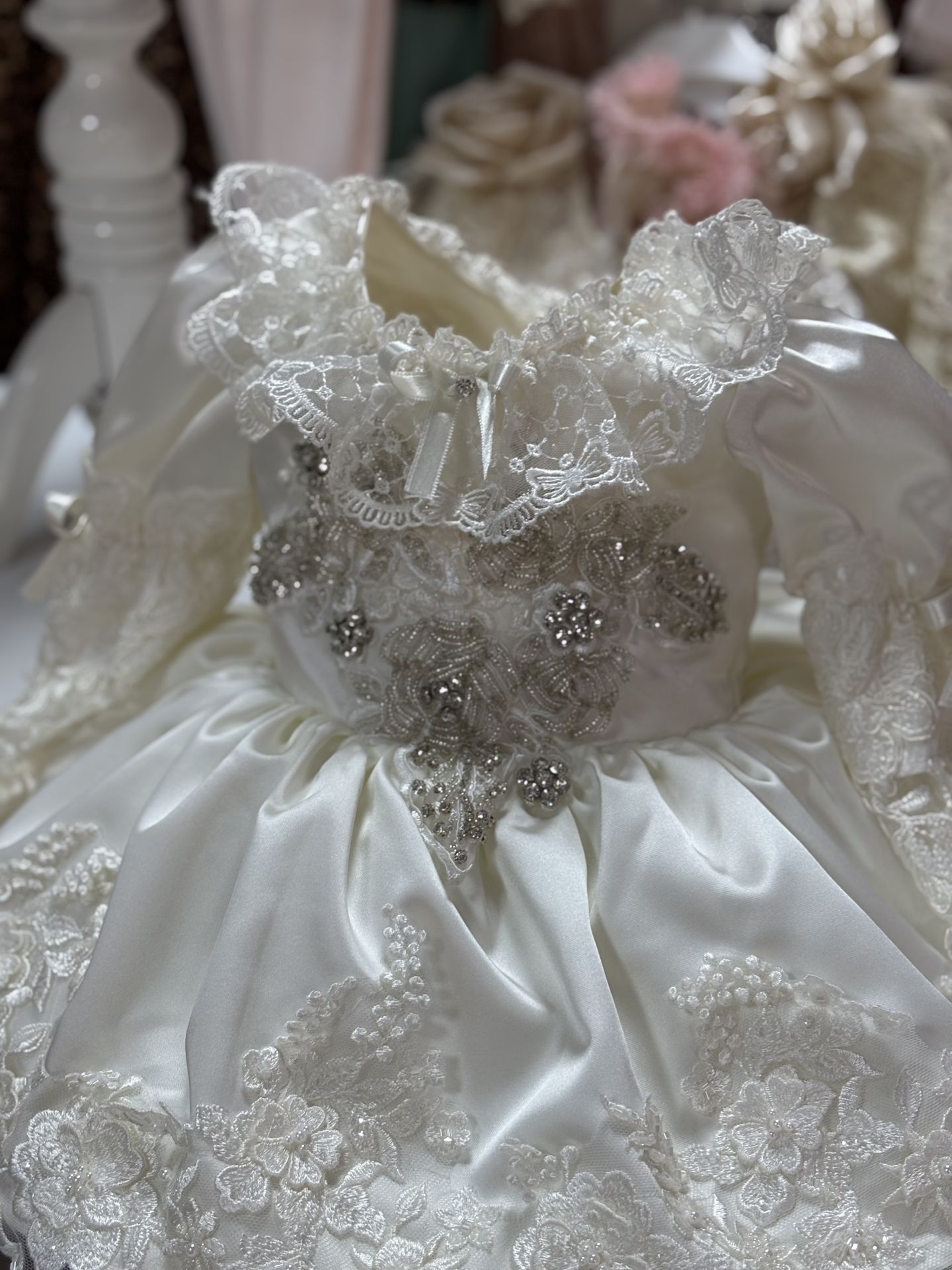 Ivory Satin Dress And Bonnet