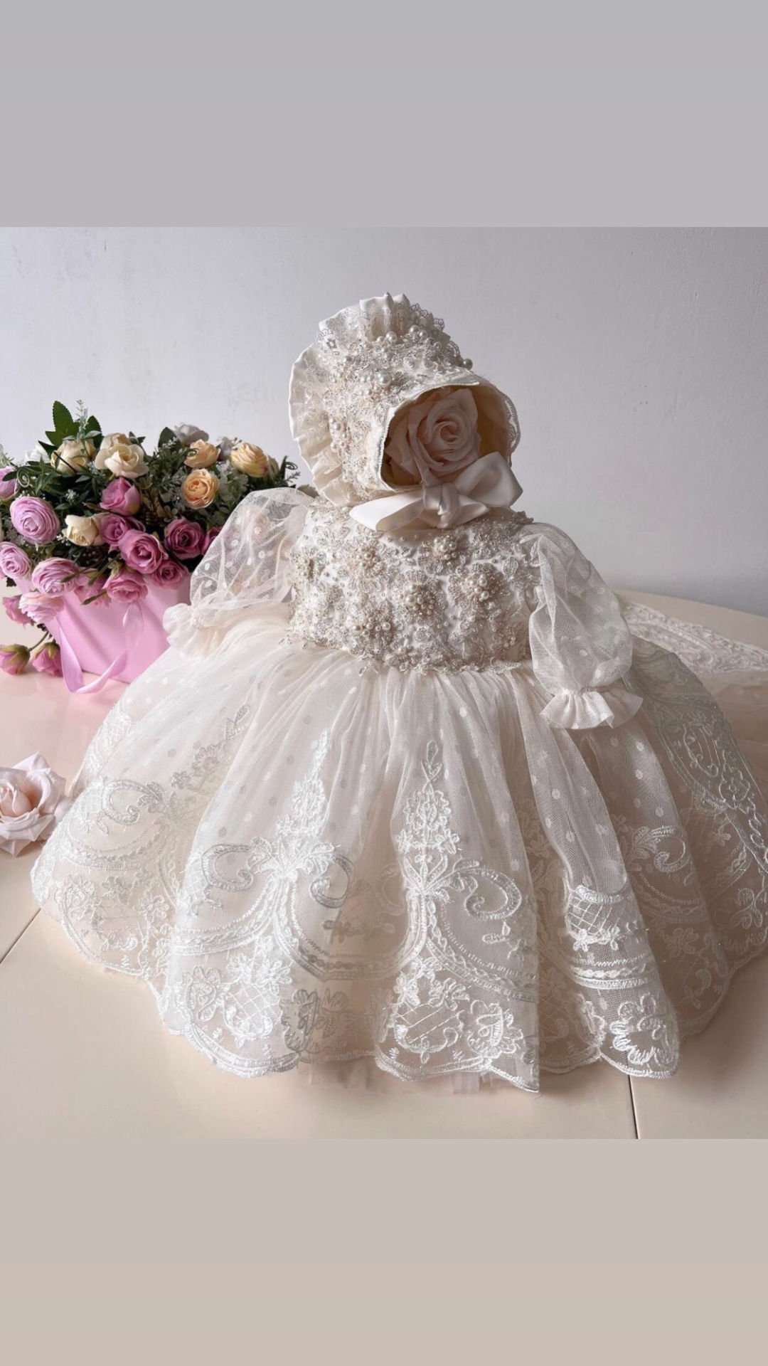 Cream Pearl France Lace Dress And Bonnet